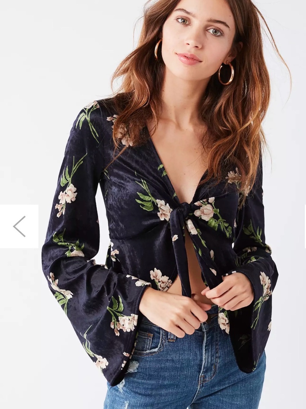Urban Outfitters Velvet Tie-Front Top Bell Sleeve Floral Black Y2K Style S